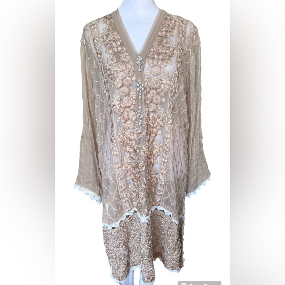 Agha Noor Embroidered Chiffon Beige Kurti/Kameez/Tunic Pakistani/Indian Large